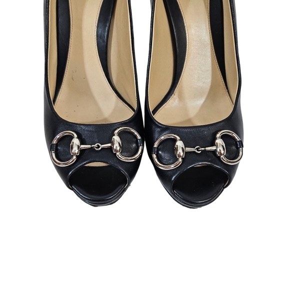 Gucci Black Leather Horsebit Peep Toe Pump Heels - Picture 4 of 10
